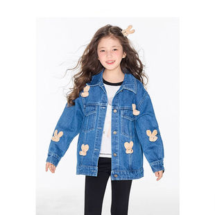 女童春秋款毛绒兔子牛仔上衣儿童韩版宽松甜美外套女孩洋气衣服潮