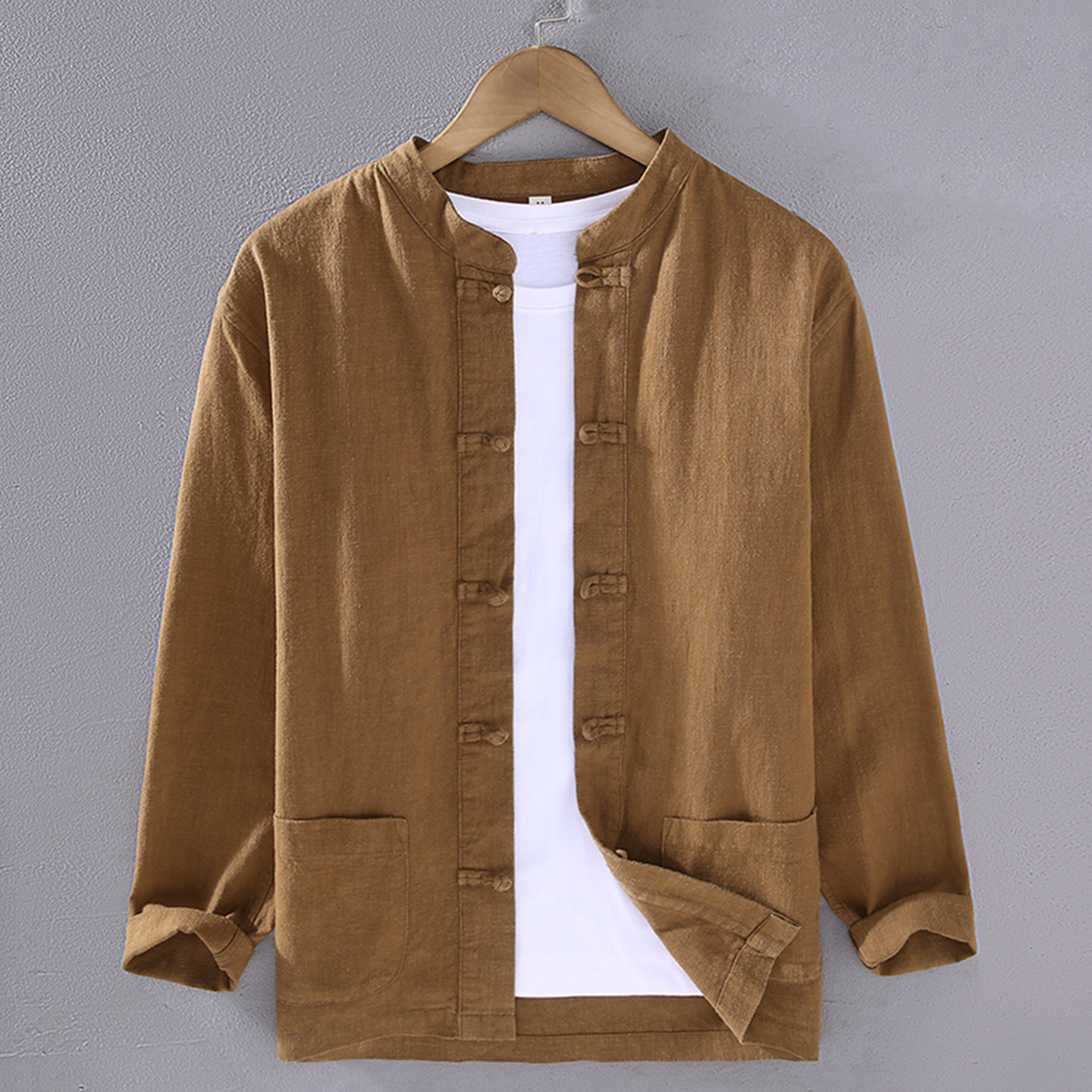 中国风棉麻对襟小立领盘扣男衬衫长袖春秋季圆领无领口中山装衬衣