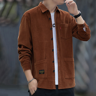 灯芯绒衬衫男长袖2025新款秋纯棉寸村子休闲高级感深咖多口袋衬衣