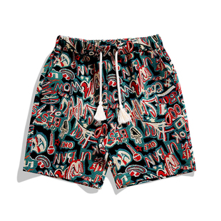 五分裤 5松紧腰抽绳休闲短裤 夏季 复古字母印花时尚 潮流 薄款 男中裤