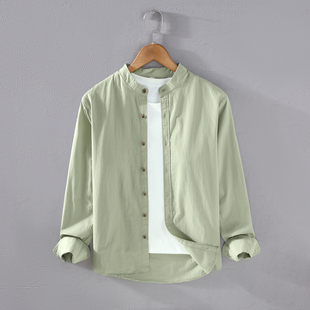 新中式占领衬衫男长袖秋季纯棉寸衣高端无中国风颈浅绿圆立领衬衣