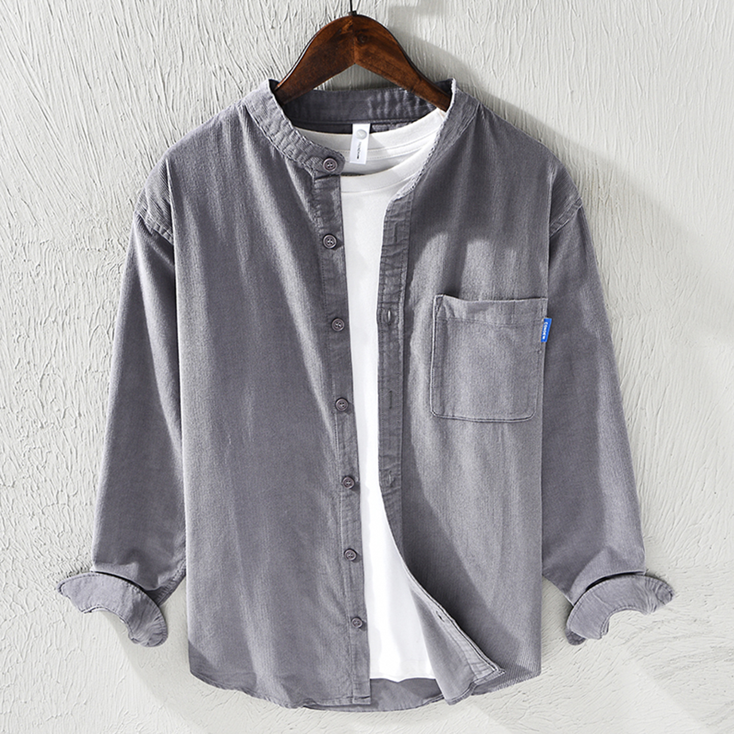 灰色灯芯绒立领衬衫男长袖秋季纯棉有口袋寸直无圆领中式衬衣外穿