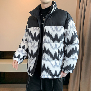 中式棉服男冬季黑白拼接加棉衣晋江保暖面包服大码花纹立领棉袄潮