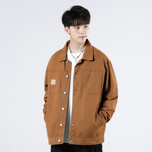 土黄色秋天牛仔外套男款长袖薄款双口袋工装大码休闲翻领夹克潮牌