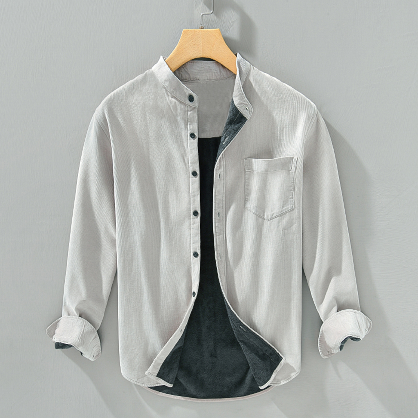浅灰色立领衬衫男长袖加绒厚冬
