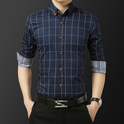 其他扣领商务休闲格子长袖衬衫