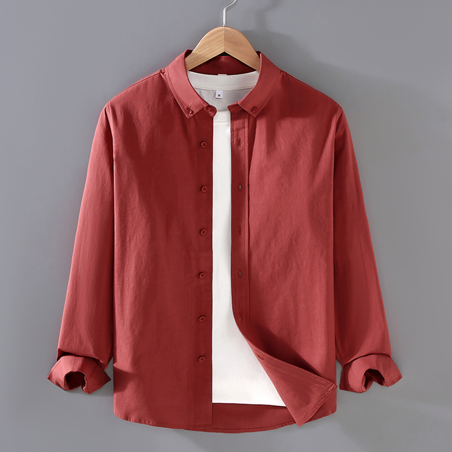 红色男士衬衫长袖春秋季薄款纯棉全棉休闲宽松胖子村子纯色衬衣土