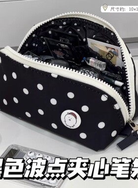 韩系黑色波点笔袋ins高颜值简约文具盒可爱学生女生大容量铅笔盒