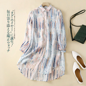 长袖 裙中长款 上衣女 印花苎麻衬衫 外贸出口意大利专柜尾货欧货个性