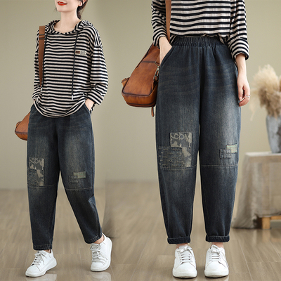 时尚个性贴布老爹牛仔裤女大码慵懒松弛感直筒裤子宽松休闲哈伦裤