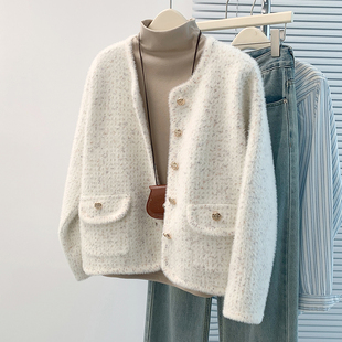 小香风仿水貂毛针织短外套女秋冬韩版气质名媛风减龄时尚开衫上衣