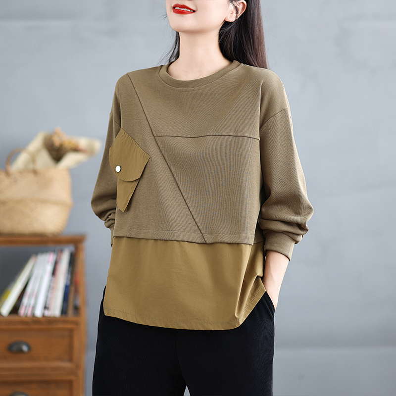大码胖mm假两件拼色大口袋休闲卫衣女春秋宽松显瘦圆领长袖T恤潮