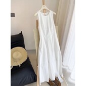 背心裙女夏季 法式 海边度假无袖 亚麻大摆中长裙白色圆领收腰连衣裙