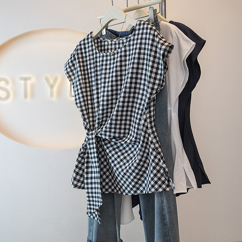法式复古黑白格纹棉麻衬衫女夏季圆领绑带收腰显瘦开叉短袖上衣薄
