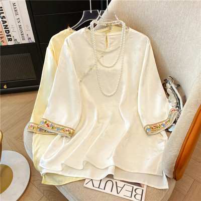 新中式国风醋酸缎面衬衫女夏季新款七分袖高级感衬衣刺绣绝美上衣