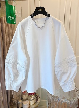 法式蕾丝蕾丝白色衬衫长袖T恤女春秋打底衫宽松显瘦灯笼袖上衣潮