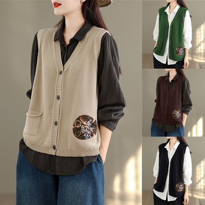 森系刺绣针织马甲背心女秋装韩版百搭开衫V领坎肩叠穿毛衣短外套