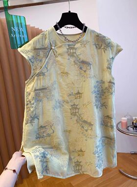 新中式国风盘扣独特印花背心衬衫女夏季高端气质改良旗袍无袖上衣