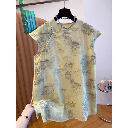 新中式国风盘扣独特印花背心衬衫女夏季高端气质改良旗袍无袖上衣