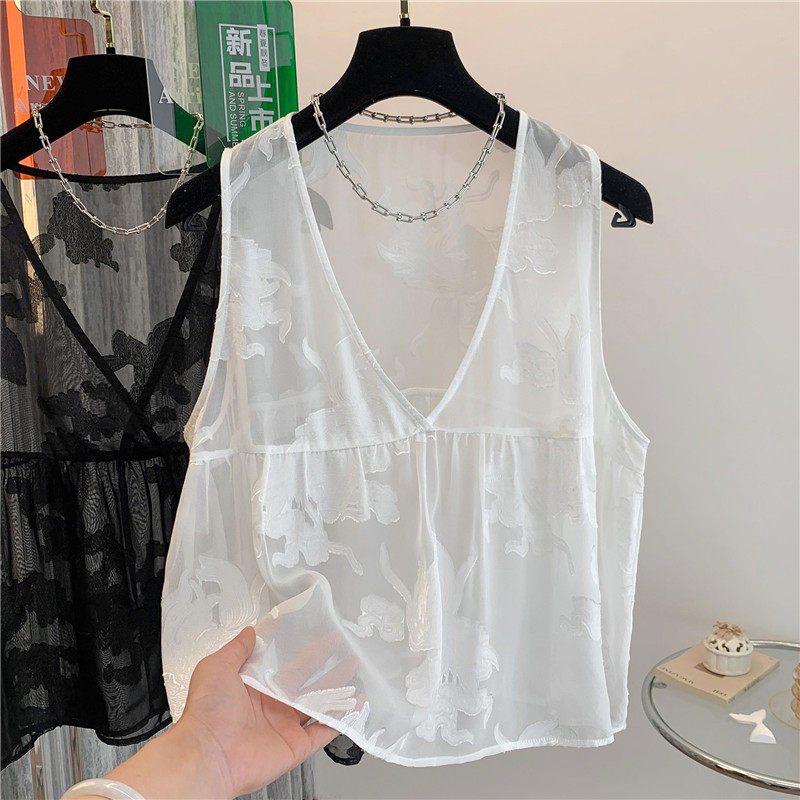 时尚花朵刺绣V领马甲背心女士夏季外搭叠穿大码胖mm无袖罩衫上衣
