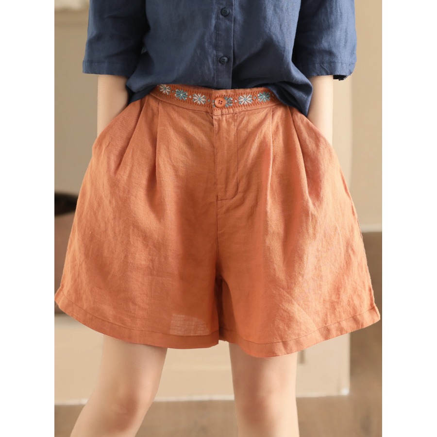 棉麻短裤女夏季复古刺绣松紧高腰五分休闲裤轻薄透气亚麻a字裤裙