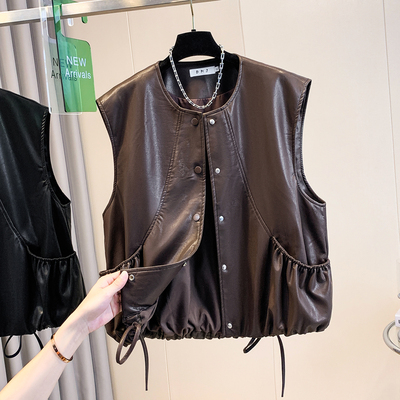 复古咖色pu皮衣马甲背心女秋装高级感机车叠穿短款无袖马夹外套潮