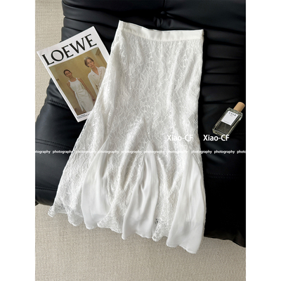 法式高级感蕾丝拼接鱼尾半身裙女夏季超仙高腰显瘦中长款包臀裙子