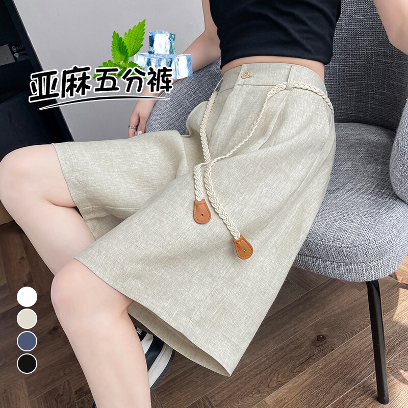 简约慵懒风天丝亚麻五分裤女夏季A字休闲阔腿高腰薄款百搭短裤潮