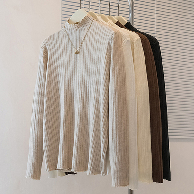 大码胖mm坑条纹半高领长袖针织衫女秋冬新款时尚内搭显瘦打底上衣