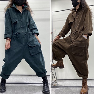 捡漏专柜欧洲站美式复古工装连衣裤女大码宽松休闲连体哈伦裤