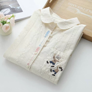 日系口袋猫咪刺绣娃娃领衬衫女秋季文艺甜美减龄百搭衬衣休闲上衣