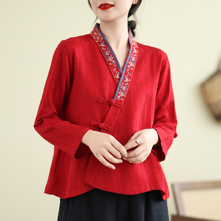 中国风复古刺绣棉麻V领衬衫 上衣 女春秋改良汉服斜襟盘扣禅意长袖