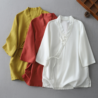 新中式V领斜襟系带衬衫女夏季复古国风棉麻改良汉服禅意茶服上衣