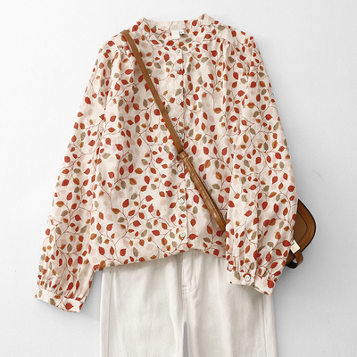 森系小碎花棉质衬衫女春秋宽松文艺圆领长袖打底衬衣日系减龄上衣
