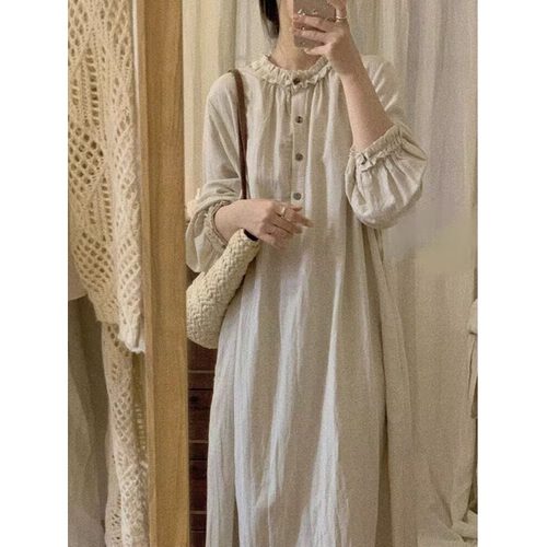 法式木耳边棉麻连衣裙女春季森系温柔风重工褶皱长裙减龄衬衫裙潮