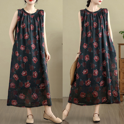 大码胖mm洋气复古印花无袖连衣裙波西米亚印花度假大摆背心长裙女