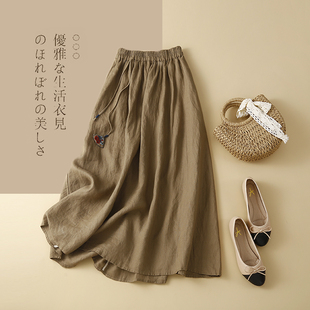 日单外贸出口女装 半身裙亚麻长裙夏 慵懒设计感棉麻裙子A字中长款