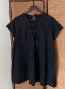 复古日系黑色这种衬衫女夏季宽松休闲圆领系带别致上衣小飞袖衬衣