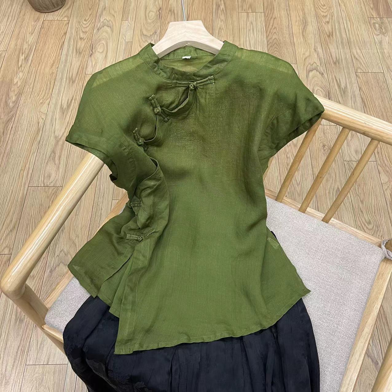 复古斜襟盘扣苎麻背心衬衫女夏季国风不规则改良旗袍薄款小衫上衣