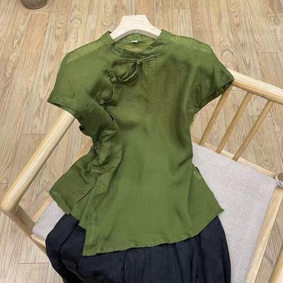 复古斜襟盘扣苎麻背心衬衫女夏季国风不规则改良旗袍薄款小衫上衣