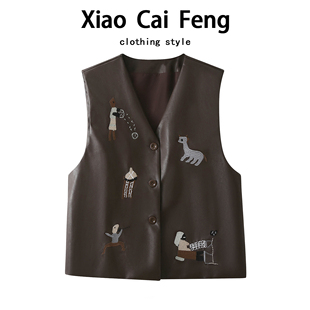 复古咖色pu皮衣马甲背心女秋装 老钱风卡通刺绣v领坎肩外搭上衣潮