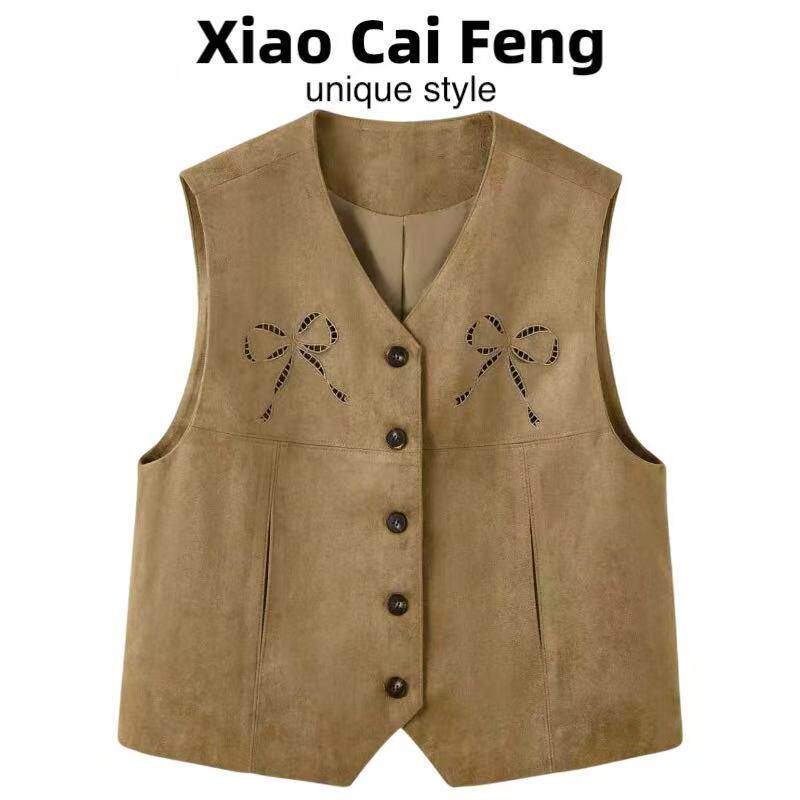 复古鹿皮绒V领马甲女春夏新款高级感镂空设计蝴蝶结无袖坎肩外套
