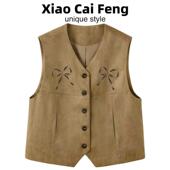 复古鹿皮绒V领马甲女春夏新款 坎肩外套 高级感镂空设计蝴蝶结无袖