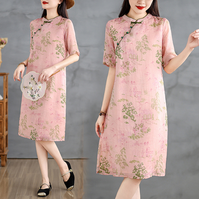 新中式国风粉色印花苎麻连衣裙女夏季改良旗袍裙高端气质中长裙子