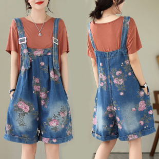 胖mm遮肉吊带连体阔腿五分裤 欧货个性 大码 女夏季 印花牛仔背带短裤