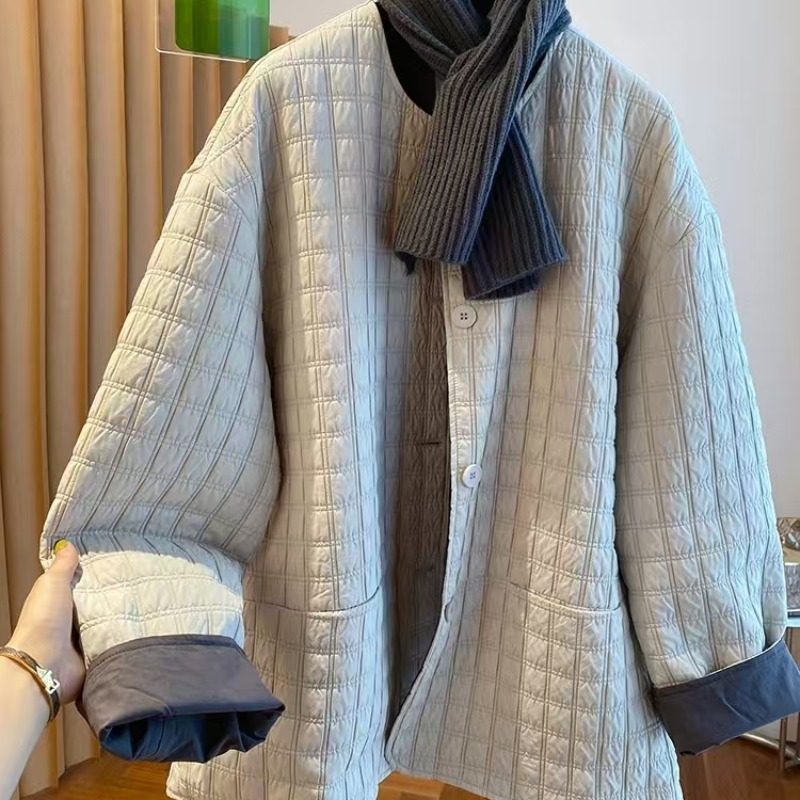 华夫格圆领夹棉轻薄保暖棉服外套女冬装休闲气质宽松百搭棉衣棉袄