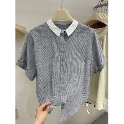 日系亚麻条纹衬衫女夏季宽松显瘦百搭高级感休闲翻领短袖棉麻上衣