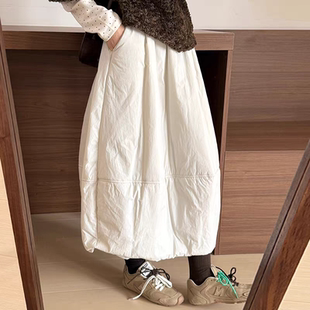 韩版休闲夹棉保暖花苞半身裙女冬装松紧腰遮胯百搭中长款a字裙子