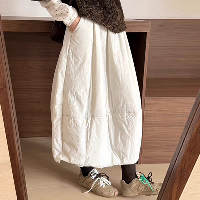 韩版休闲夹棉保暖花苞半身裙女冬装松紧腰遮胯百搭中长款a字裙子