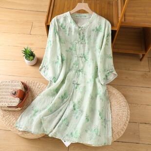 复古国风印花立领对襟盘扣苎麻衬衫裙女春秋亚麻七分袖中长款上衣